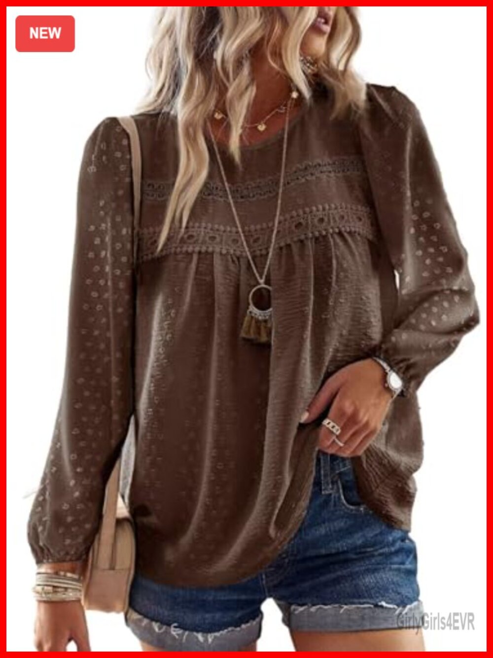 Womens Crochet Lace Long Sleeve Boho Tunic Top Crew Neck Loose Fit Shirt